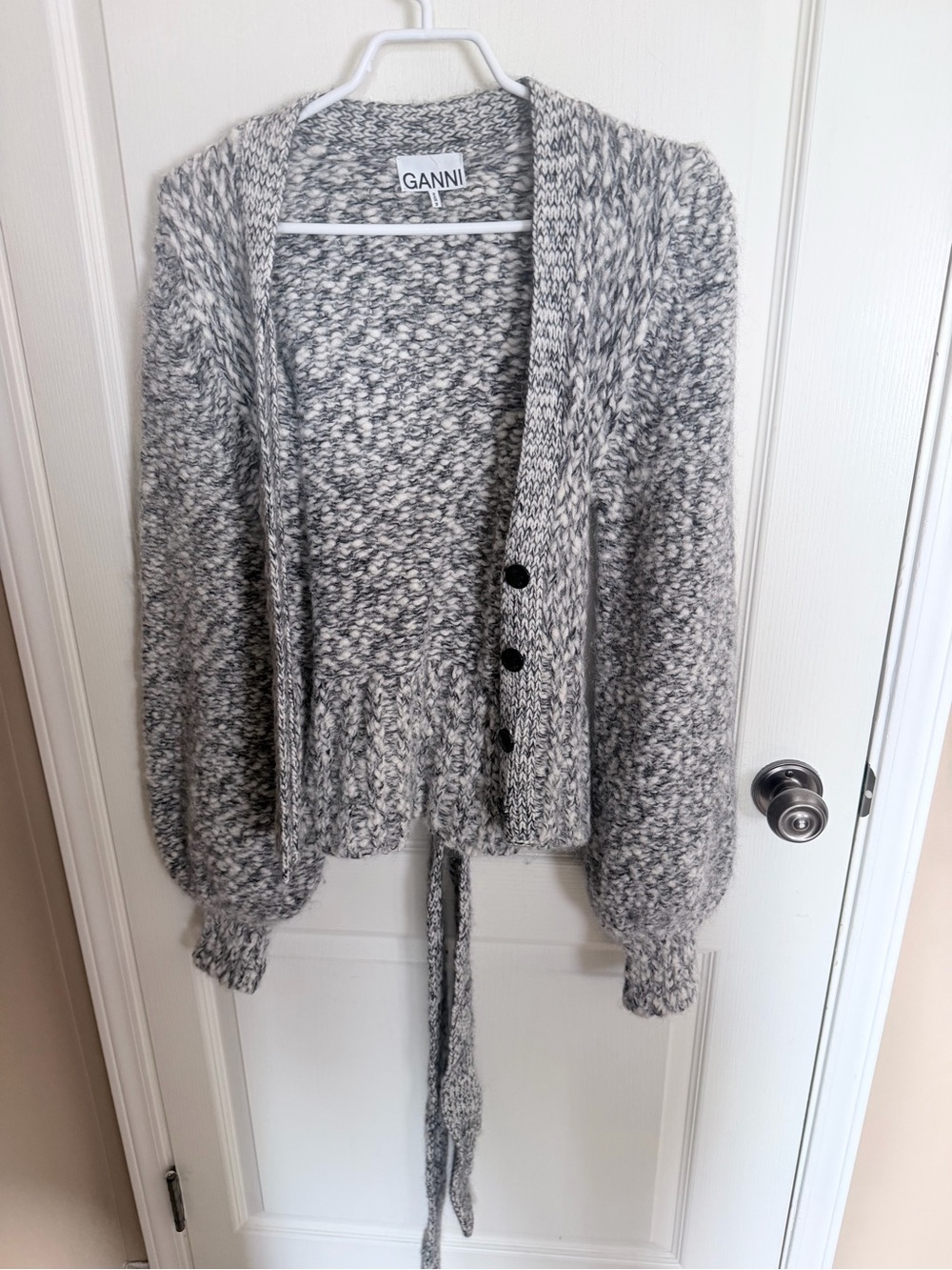 Ganni Black & White Marled Knit Cardigan with Tie